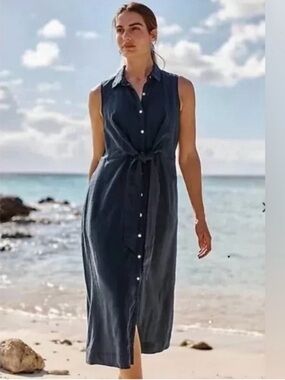 J Jill Love Linen Navy Blue Shirt Dress Button Front Tie Pockets Midi Size Large